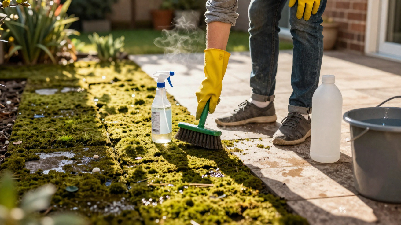 Pessoa com luvas amarelas limpando musgo de piso externo com escova, spray e balde ao lado.