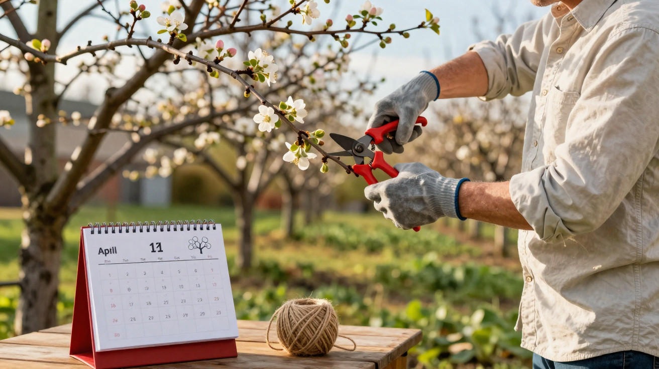 Pessoa podando galho florido de árvore com tesoura de poda, calendário marcando abril ao lado.