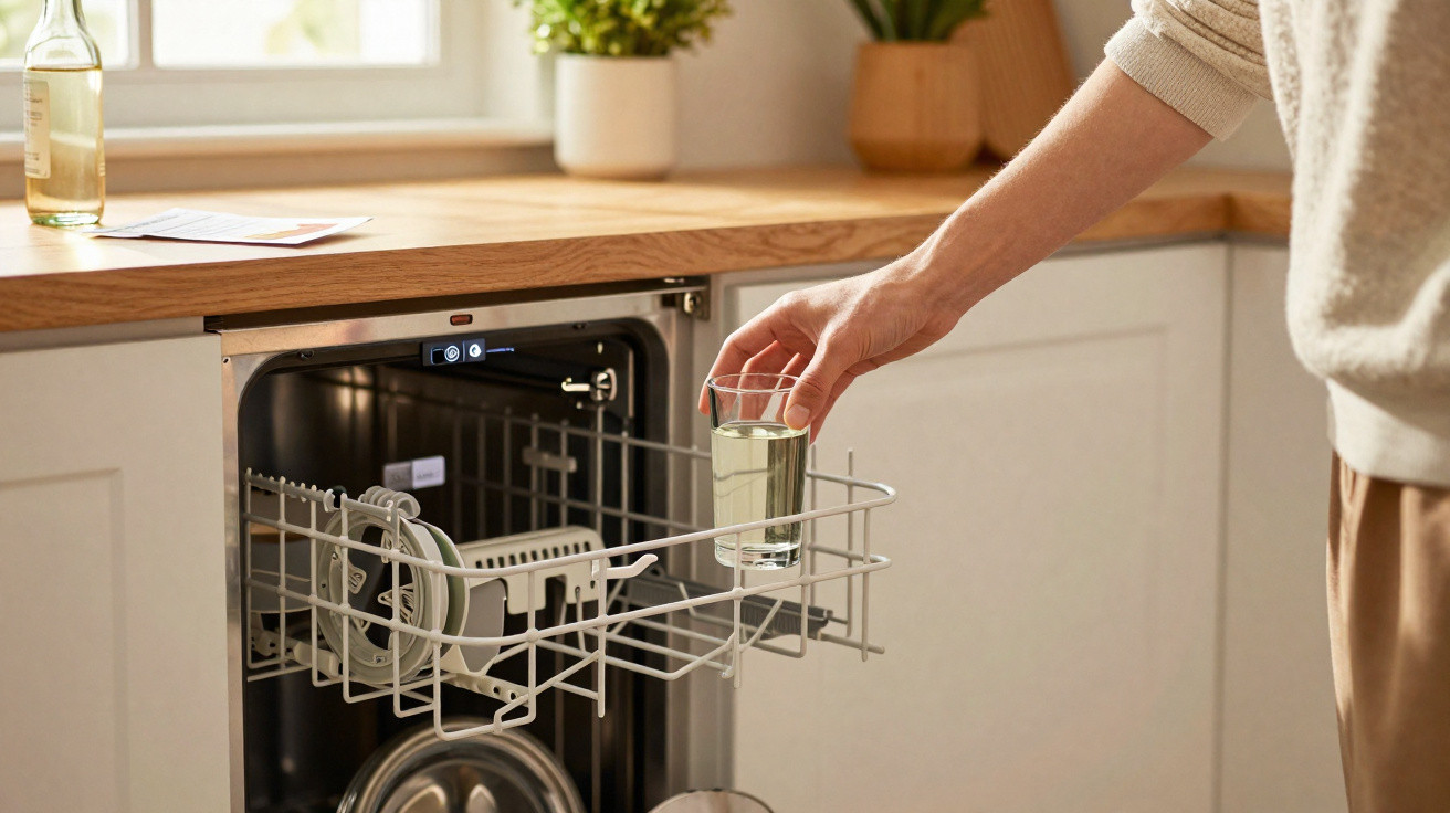 Pessoa colocando copo com água na máquina de lavar louça em cozinha clara e organizada.