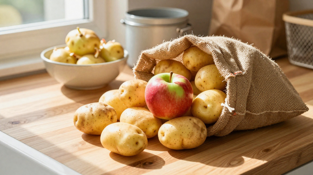 Maçã vermelha entre batatas amarelas espalhadas sobre bancada de cozinha com saco de juta aberto.