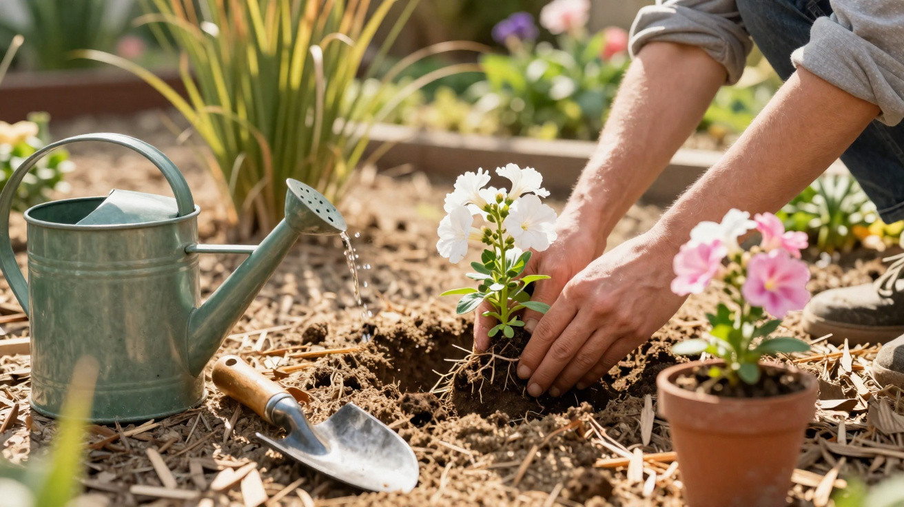Pessoa plantando flor branca no jardim com regador e pá ao lado durante jardinagem.