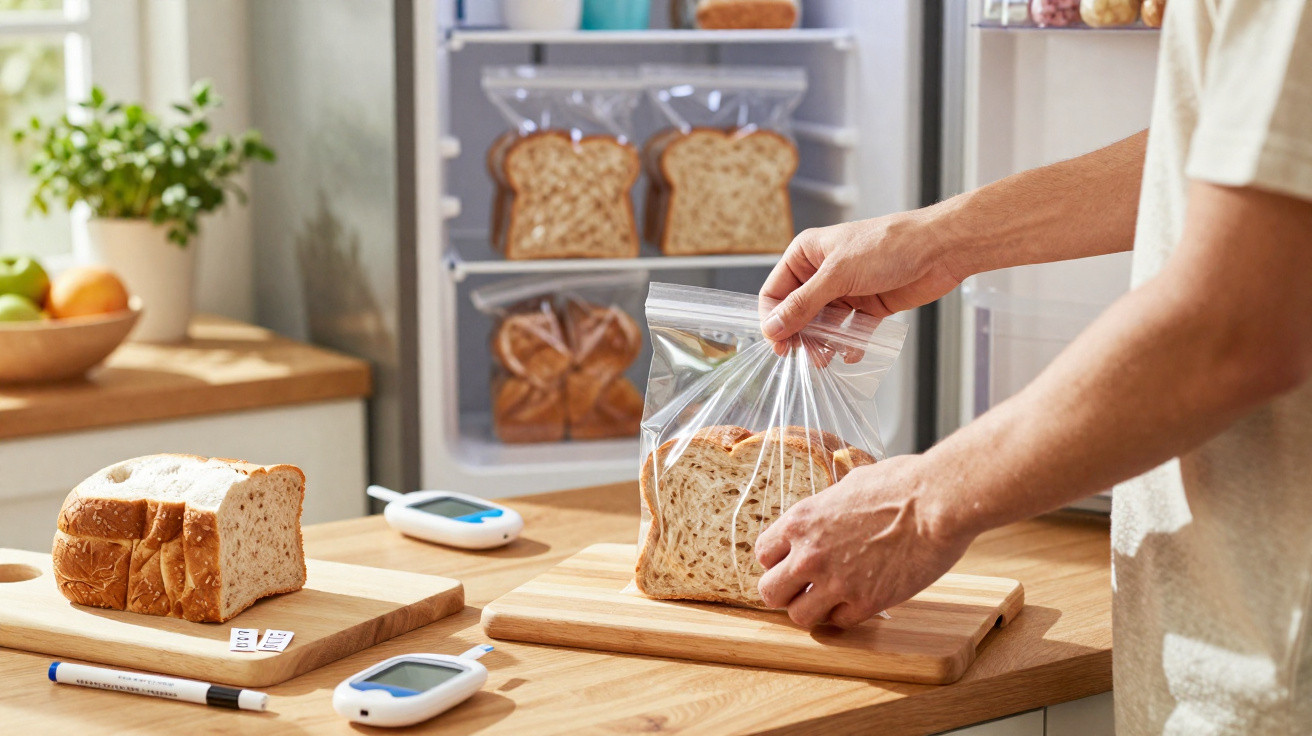 Pessoa colocando fatias de pão em saco plástico transparente na cozinha com vários tipos de pão ao fundo.