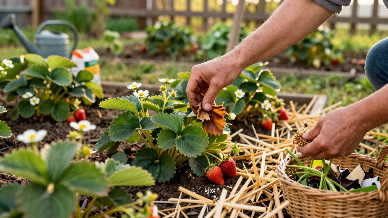 Pessoa cuidando de plantas de morango em horta com flores brancas e morangos vermelhos maduros.