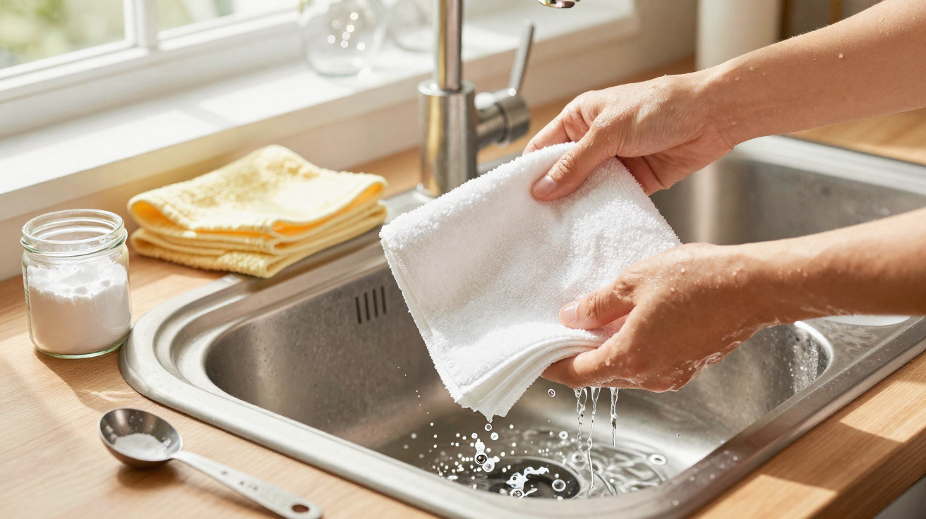 Mãos torcendo pano branco molhado sobre pia de inox com toalhas amarelas e recipiente com bicarbonato ao lado.