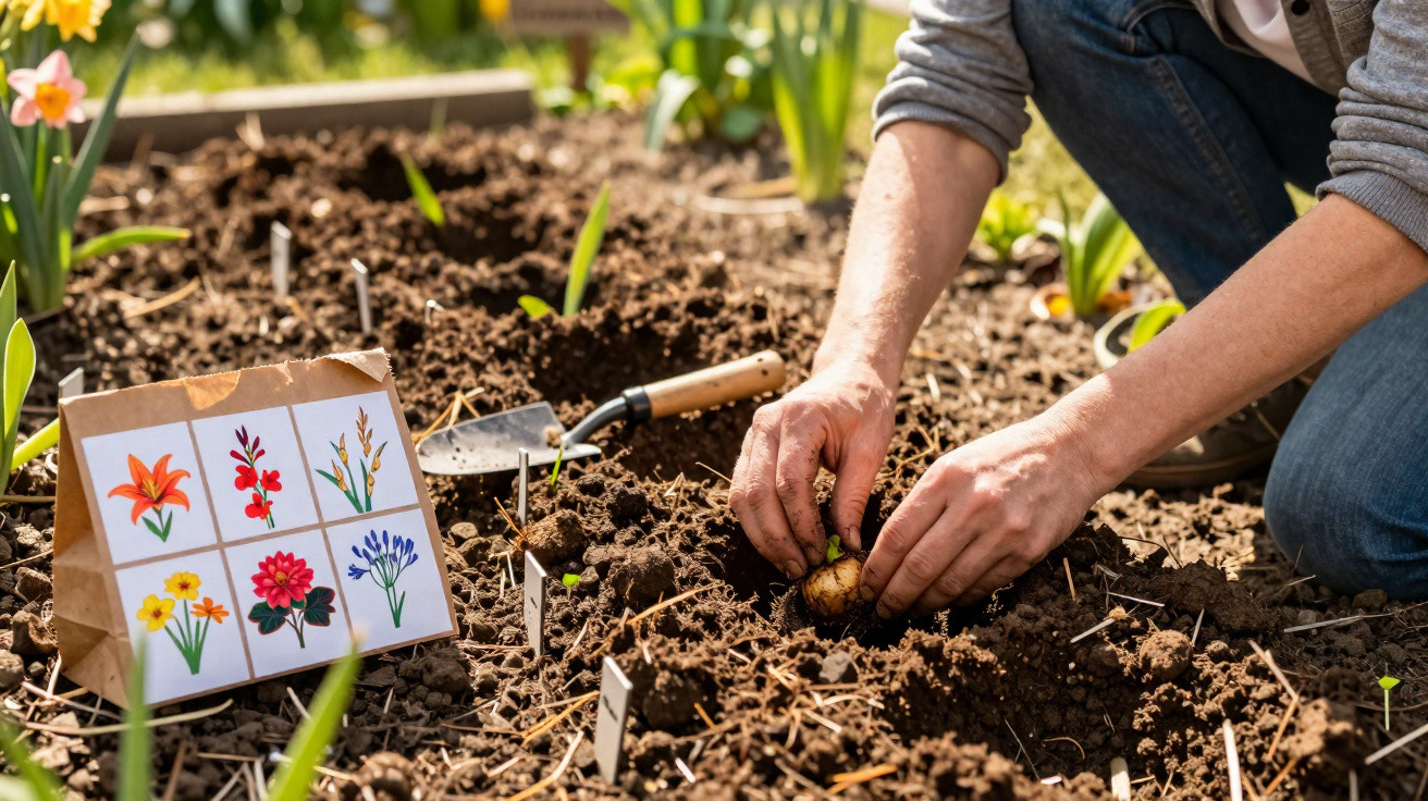 Pessoa plantando bulbo na terra de canteiro de jardim com guia de flores e pá próxima.