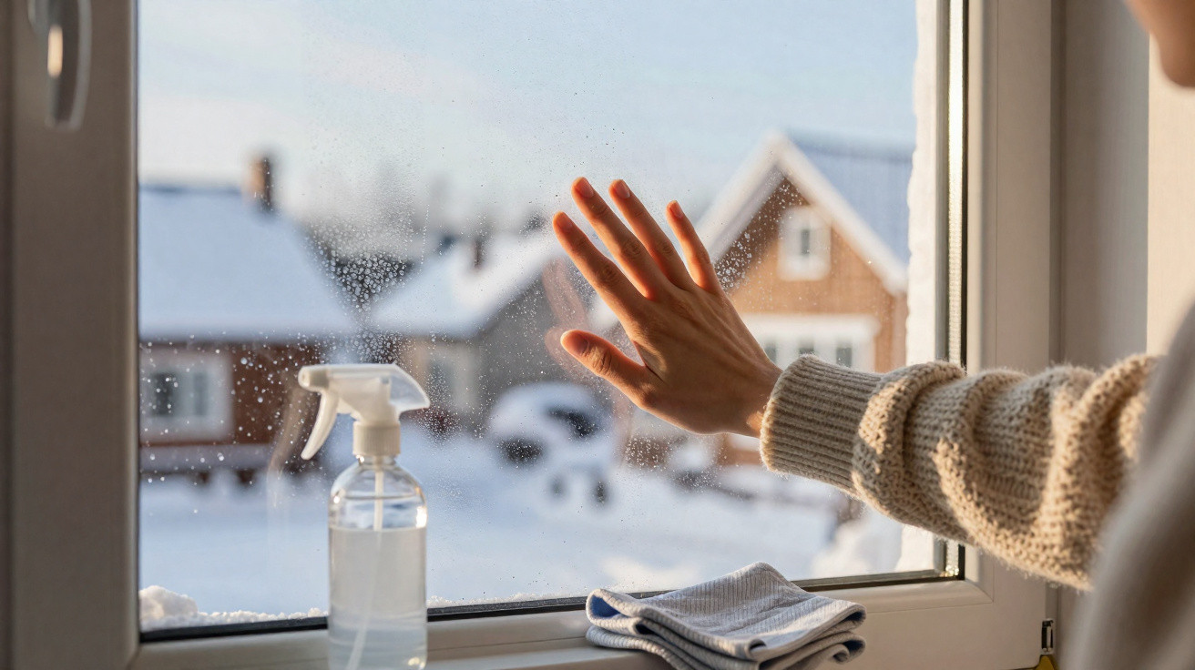 Mão de pessoa tocando vidro de janela com spray de limpeza e pano, vista para casas com neve do lado de fora.