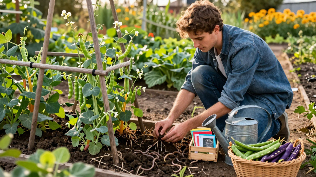 Jovem com camisa jeans cuida de plantas em horta com cesta de feijões e regador ao lado.