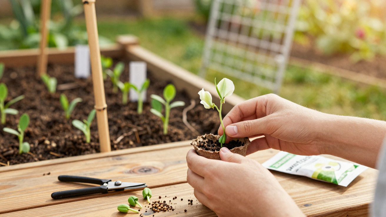 Mãos transplantam muda de planta em vaso biodegradável em canteiro de madeira com sementes e tesoura.