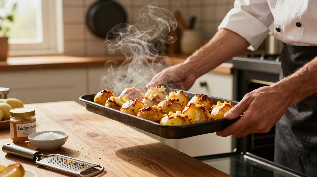 Pessoa retirando assadeira com batatas assadas e queijo derretido do forno em cozinha iluminada