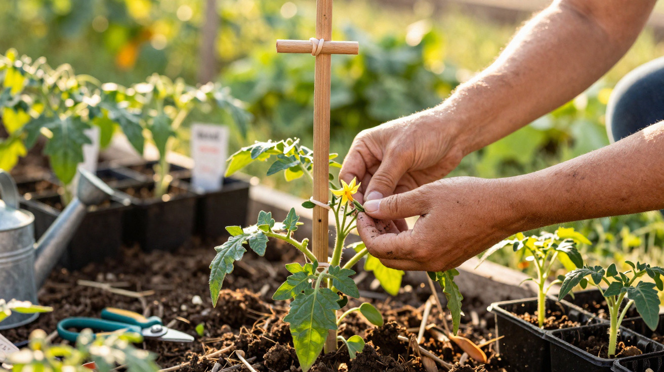 Mãos cuidando de muda de tomate com flor amarela plantada em canteiro de jardim ensolarado.