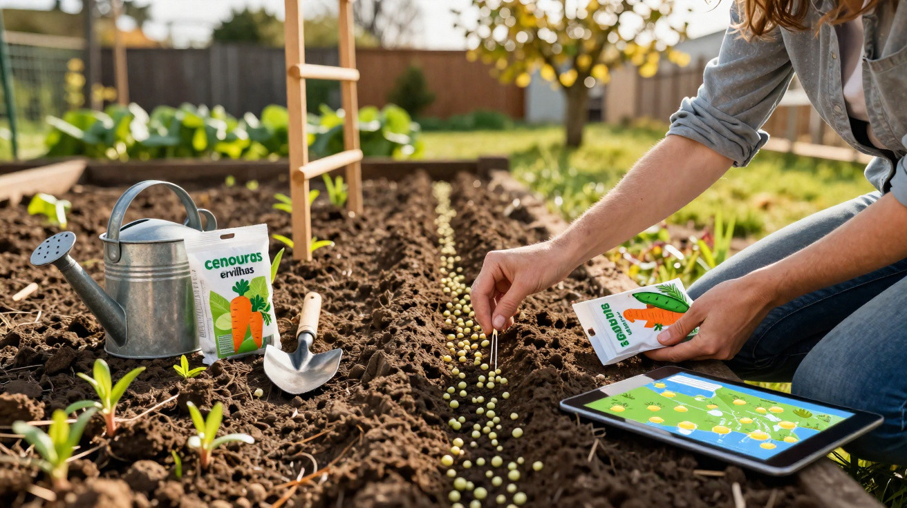 Pessoa plantando sementes em fileiras na terra de um jardim, com regador, pá e tablet ao lado.