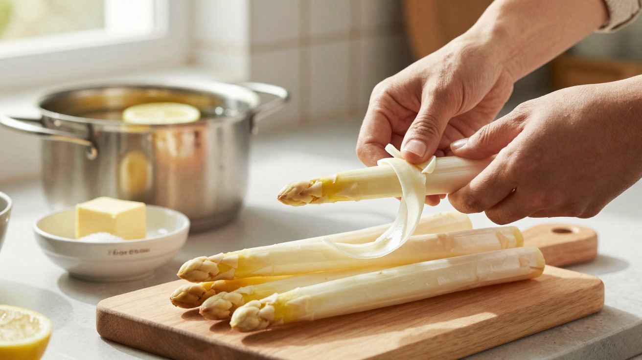 Mãos descascando aspargos brancos sobre tábua de cortar na cozinha com panela e manteiga ao fundo.