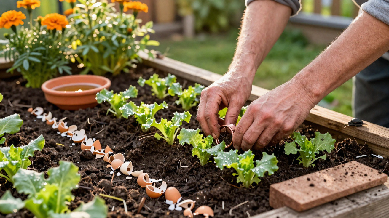 Mãos plantando mudas em canteiro com cascas de ovos usadas como fertilizante e flores ao fundo.