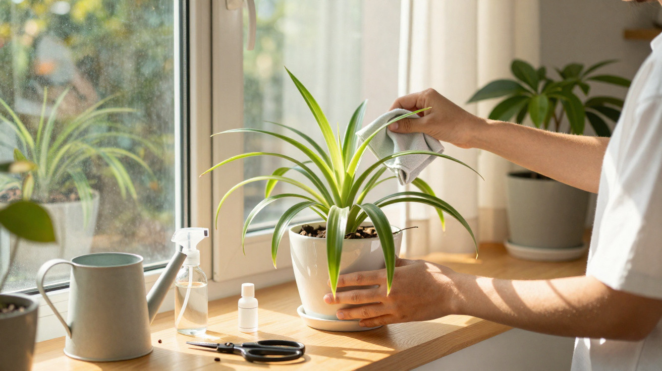 Pessoa limpando as folhas de uma planta em vaso dentro de casa próxima à janela.