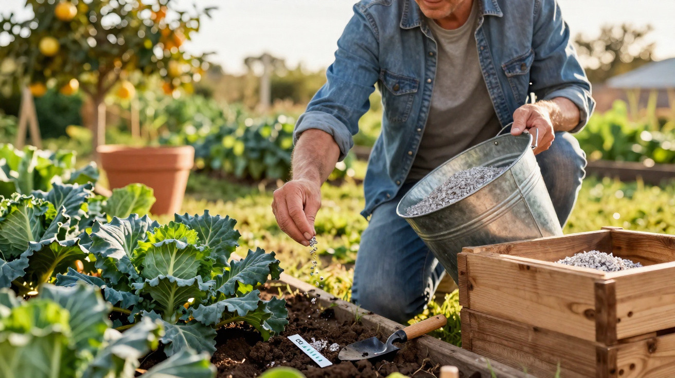 Pessoa sem rosto cultivando horta e espalhando fertilizante em canteiro com verduras ao sol.