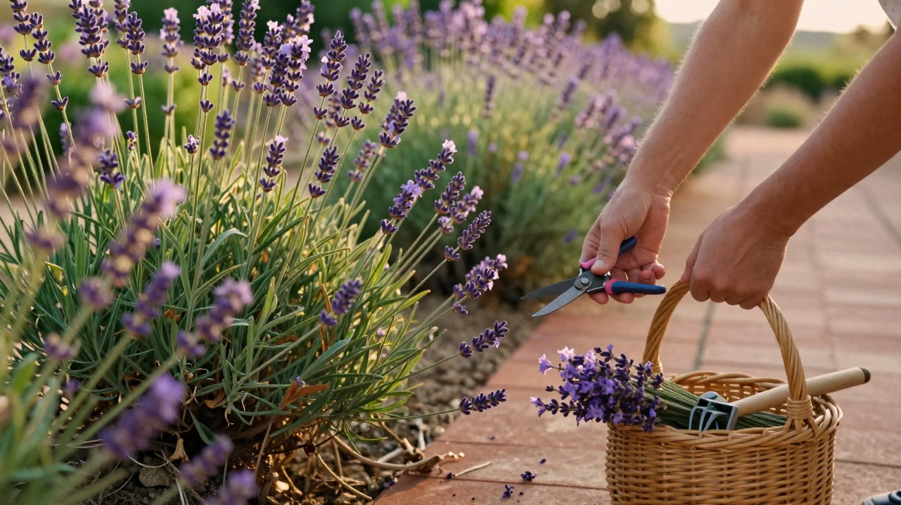 Pessoa colhendo flores de lavanda com tesoura, cesto de vime com flores e ferramentas no chão.