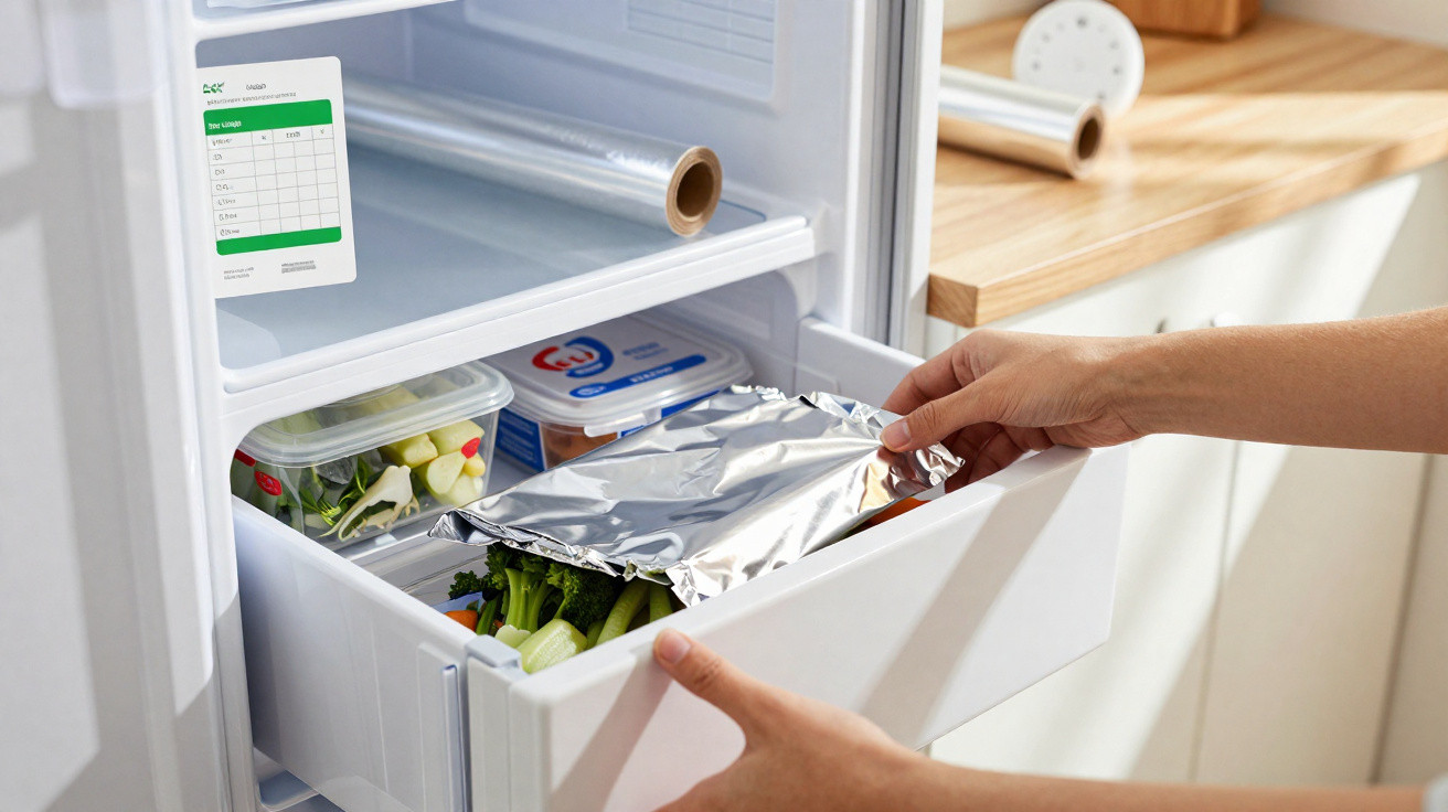 Mãos abrindo gaveta da geladeira com alimentos frescos, incluindo legumes e recipientes plásticos.