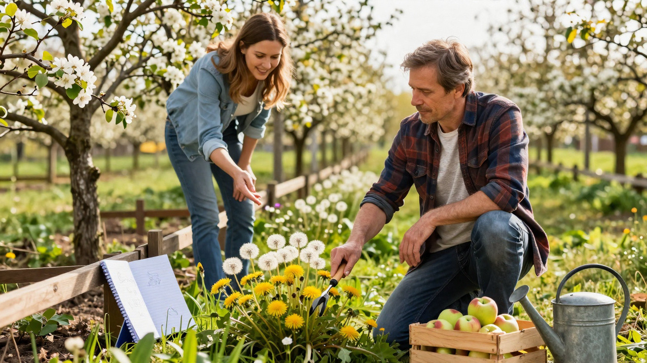 Casal cuidando de flores em pomar com árvores floridas, regador e caixa de maçãs ao lado.