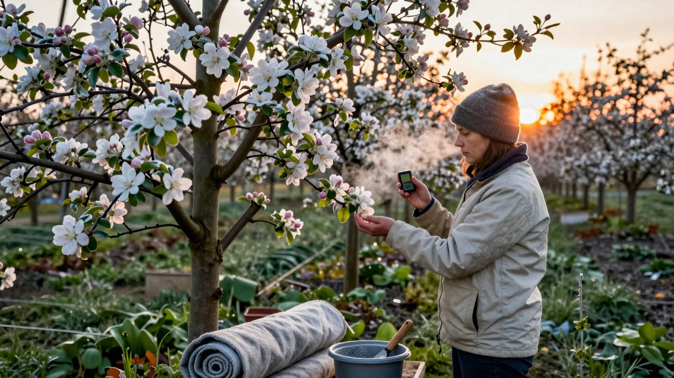 Mulher com gorro inspecciona flores de macieira em pomar durante pôr do sol.