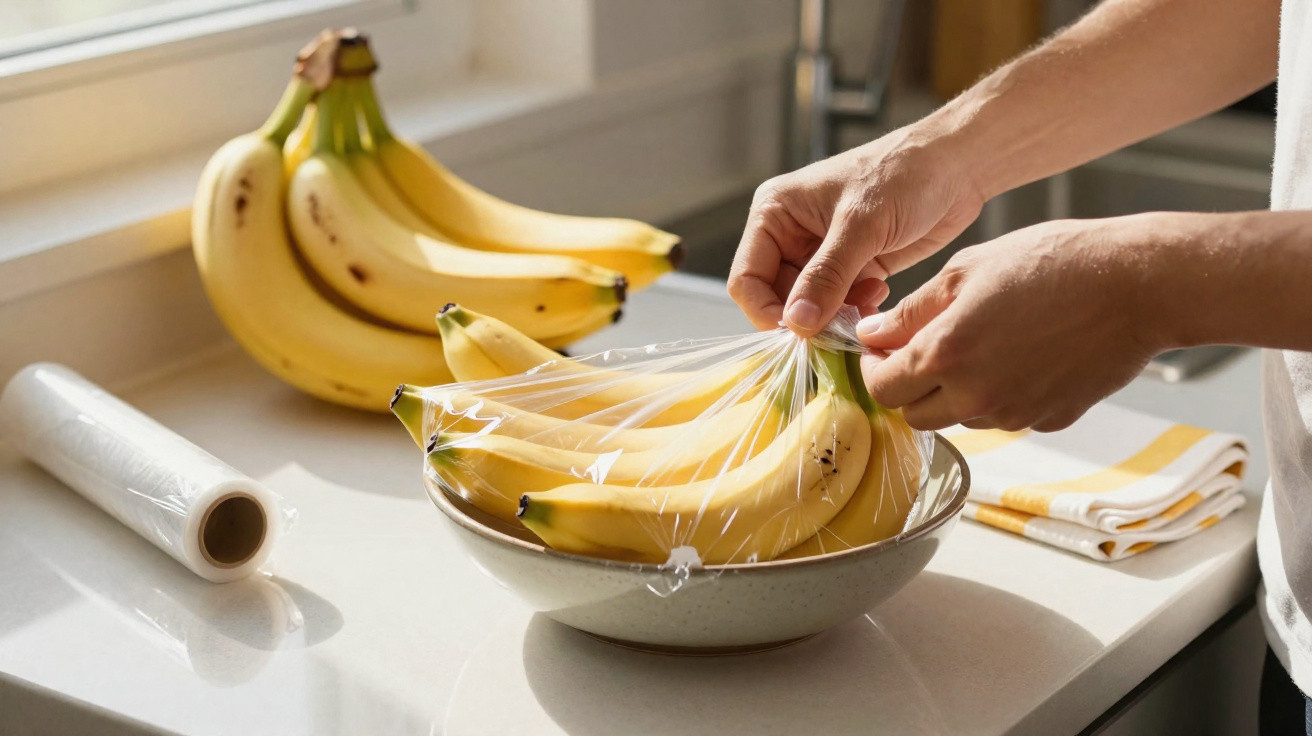 Mãos embalando um cacho de bananas em uma tigela com filme plástico em uma bancada de cozinha.