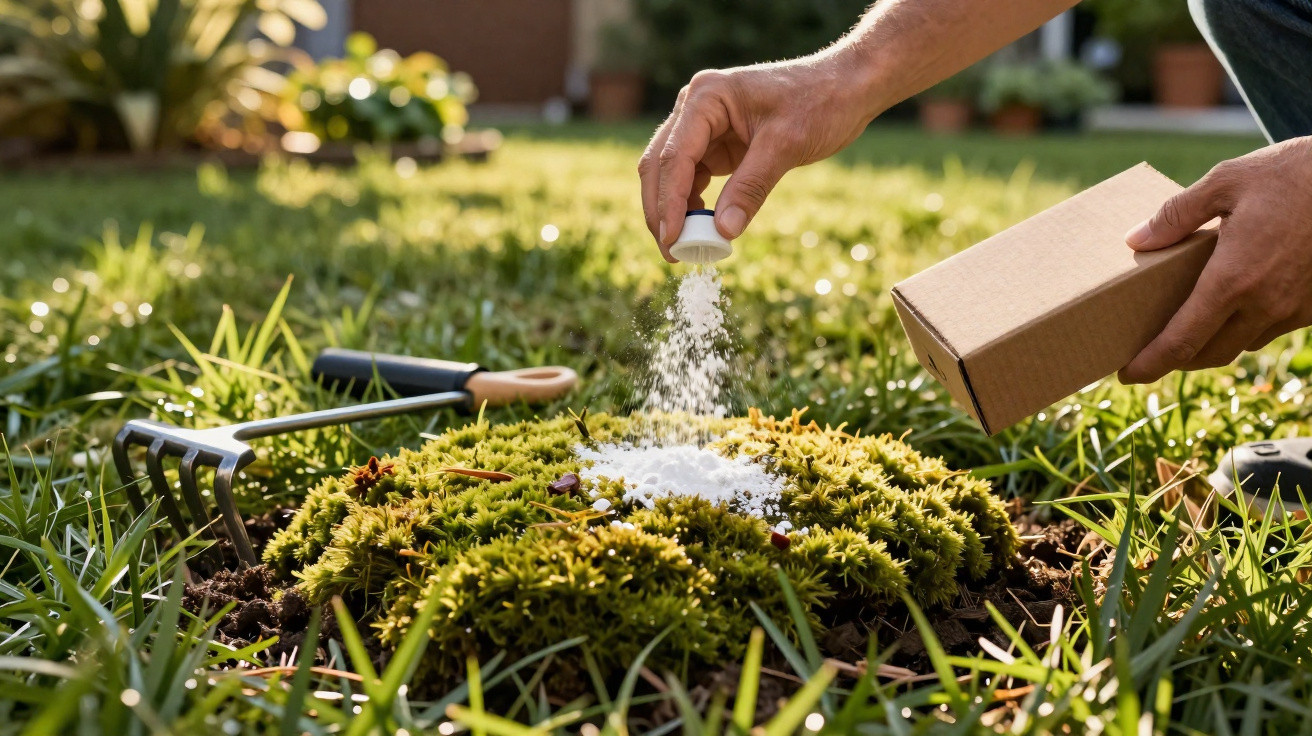 Pessoa aplicando fertilizante em musgo no jardim, com ferramentas de jardinagem ao lado.