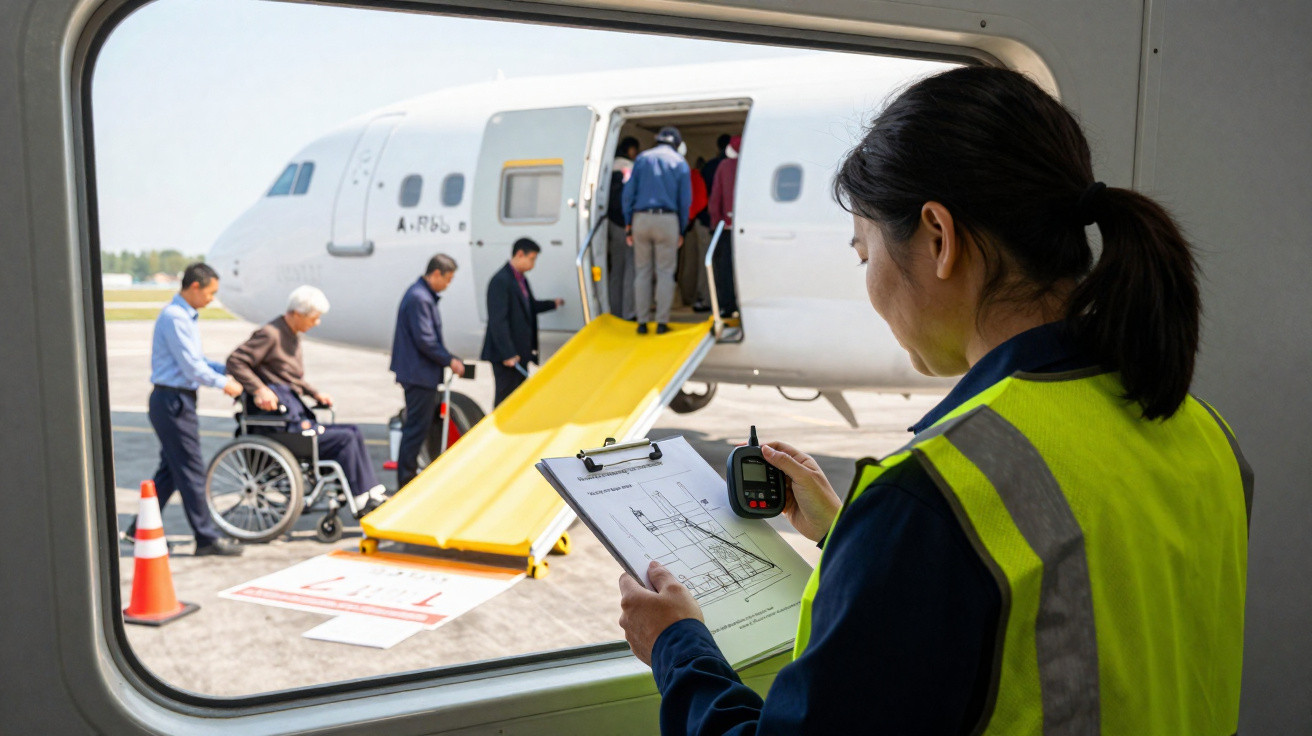 Funcionária monitora embarque de passageiros, incluindo cadeirante, em avião no aeroporto.
