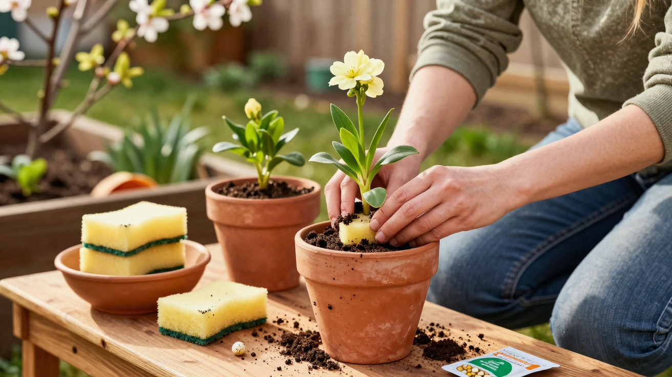 Pessoa plantando flor amarela em vaso de cerâmica em jardim, com terra e esponjas na mesa.
