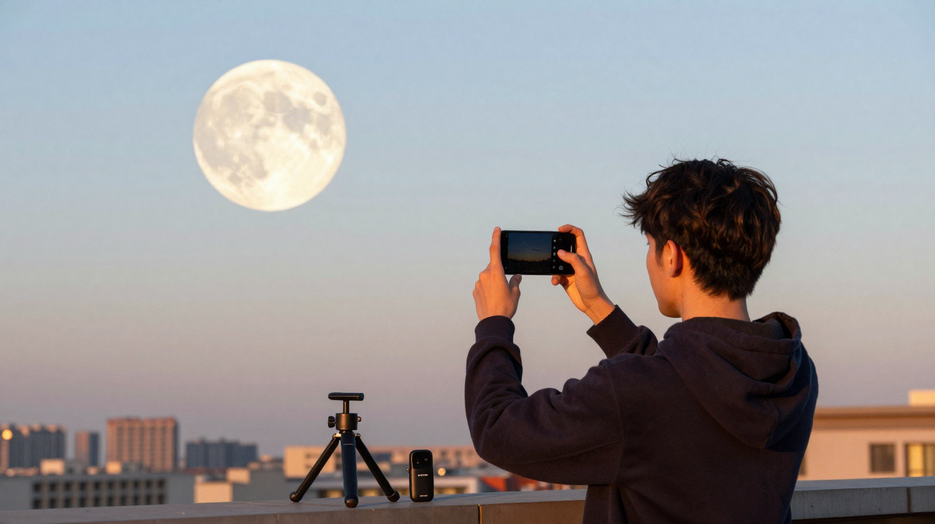 Pessoa fotografando a lua cheia com smartphone ao pôr do sol em área urbana, com tripé à frente.