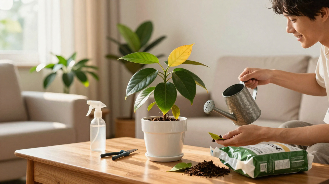 Pessoa regando planta com regador metálico em vaso branco sobre mesa de madeira na sala.