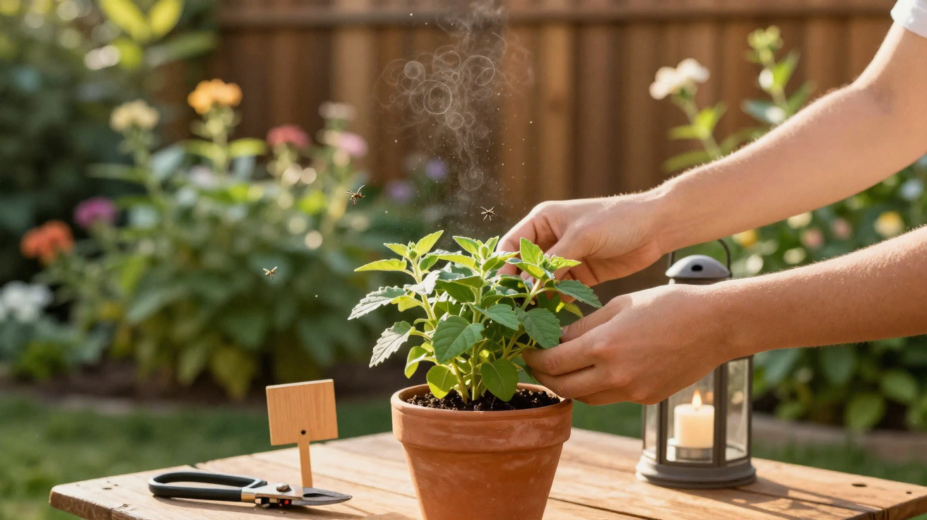 Mãos cuidando de planta em vaso com tesoura de poda e lanterna com vela sobre mesa no jardim.