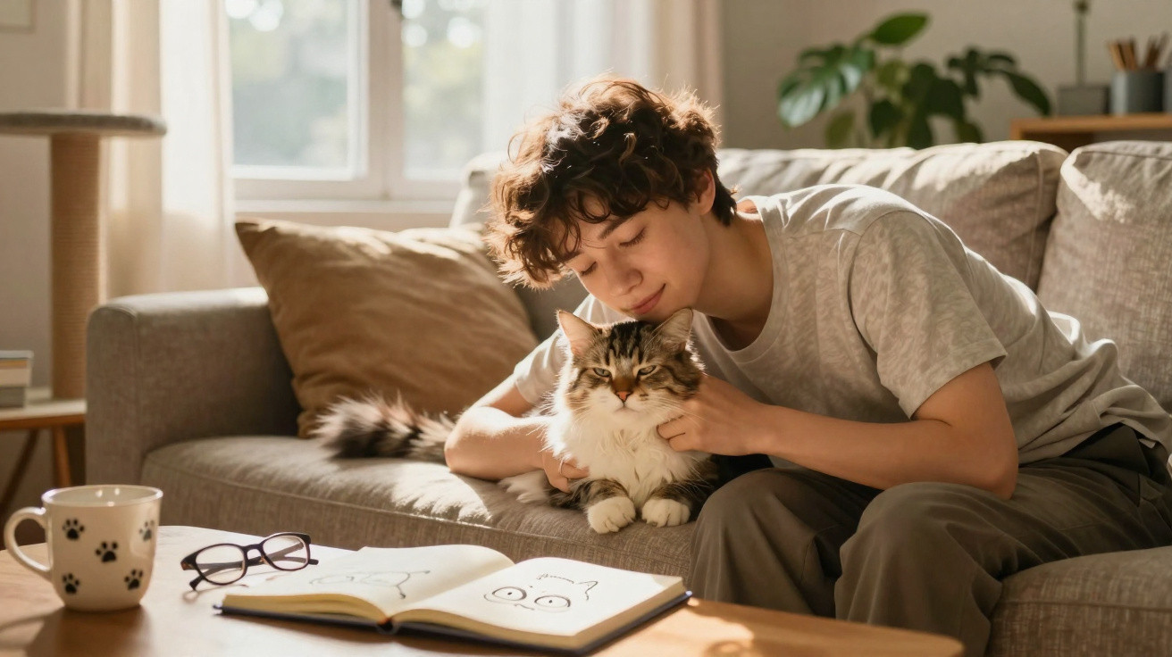 Pessoa abraçando gato em sofá, com livro de desenhos de gatos e xícara sobre mesa à frente.
