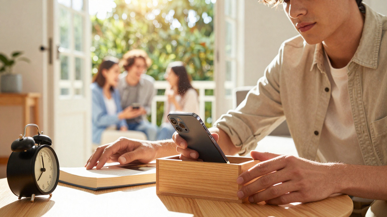 Pessoa guardando smartphone em caixa de madeira sobre mesa, com despertador e livro, e três pessoas conversando ao fundo.