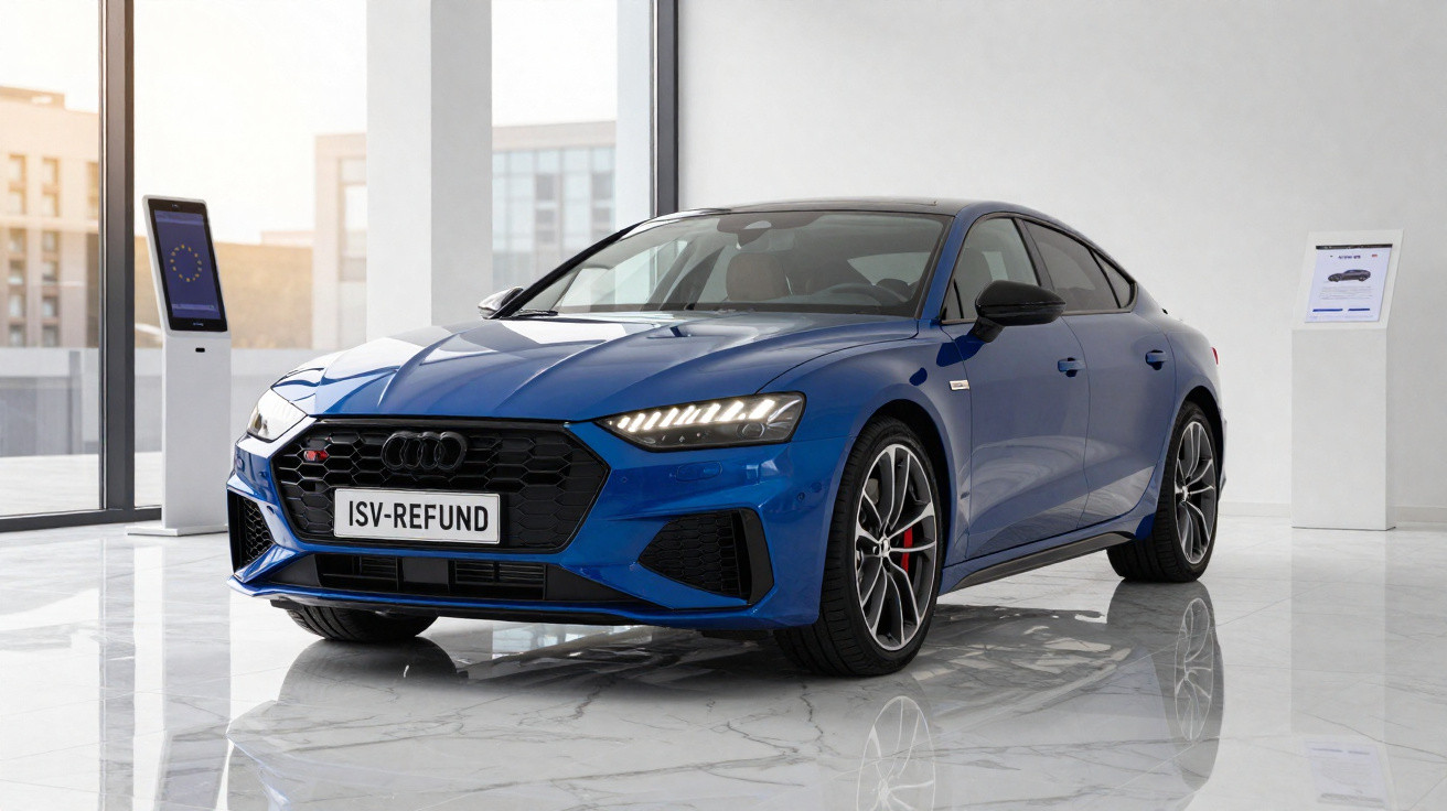 Carro Audi esportivo azul estacionado em showroom com piso de mármore e janelas grandes.