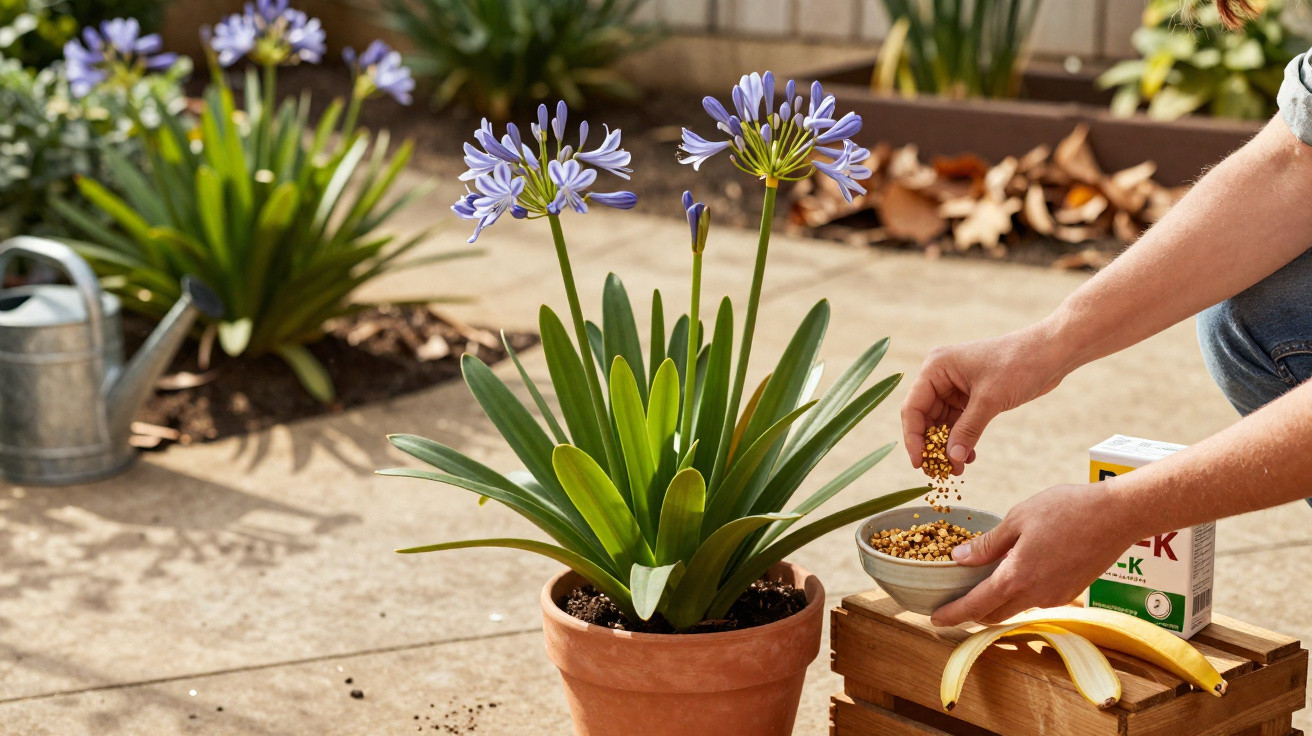 Pessoa aplicando fertilizante em vaso com planta de agapanto em jardim ensolarado.