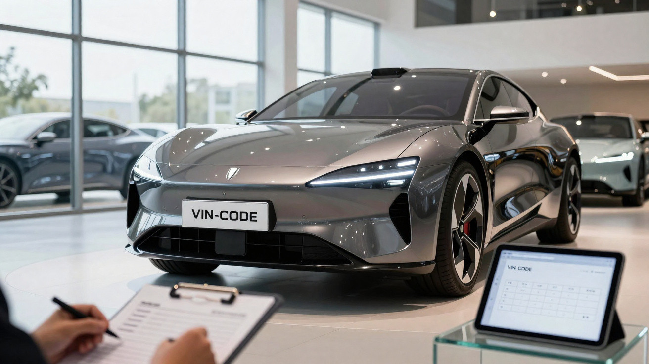 Carro elétrico cinza exibido em showroom moderno com pessoa anotando informações em prancheta.