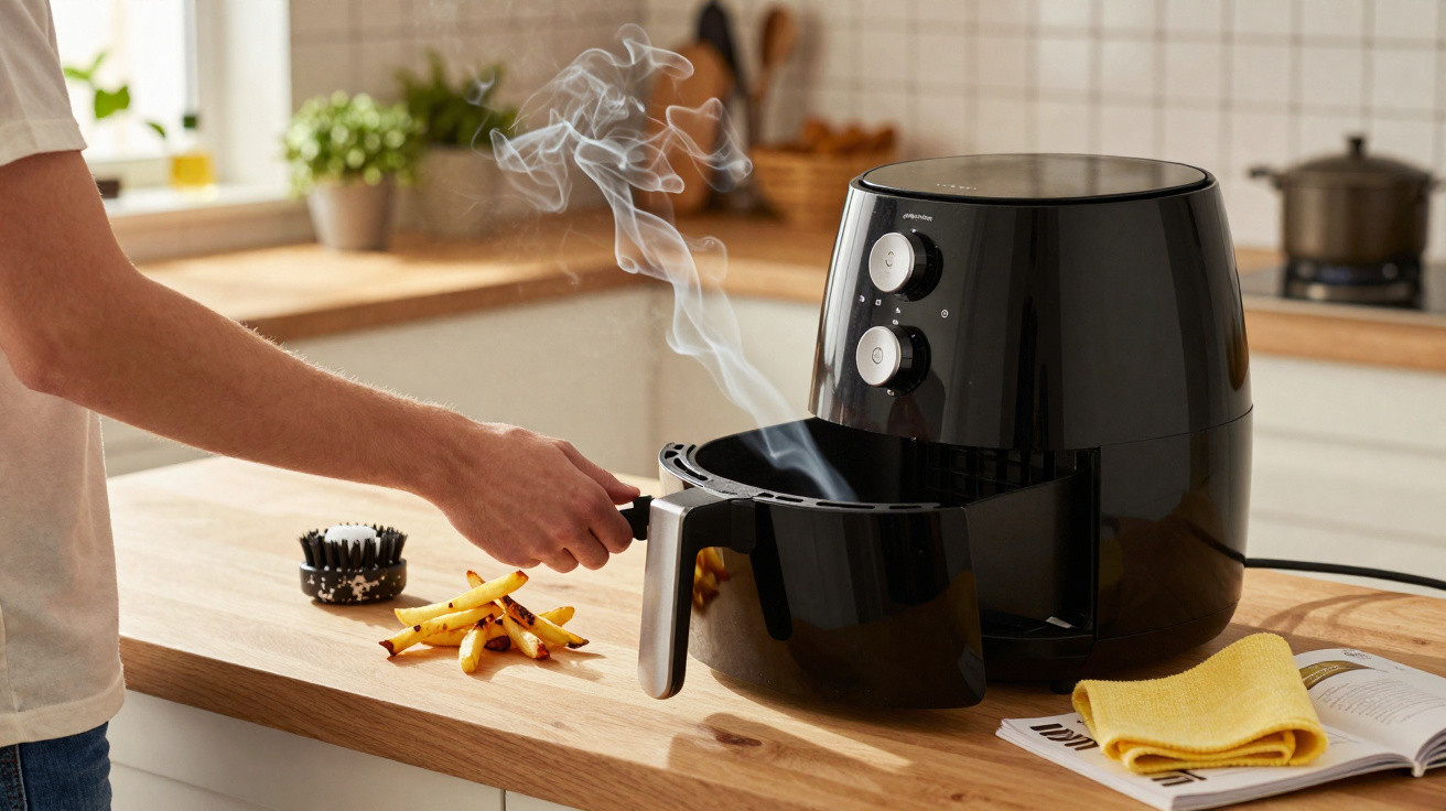 Pessoa retirando batatas fritas quentes e fumegantes de uma air fryer preta na cozinha.