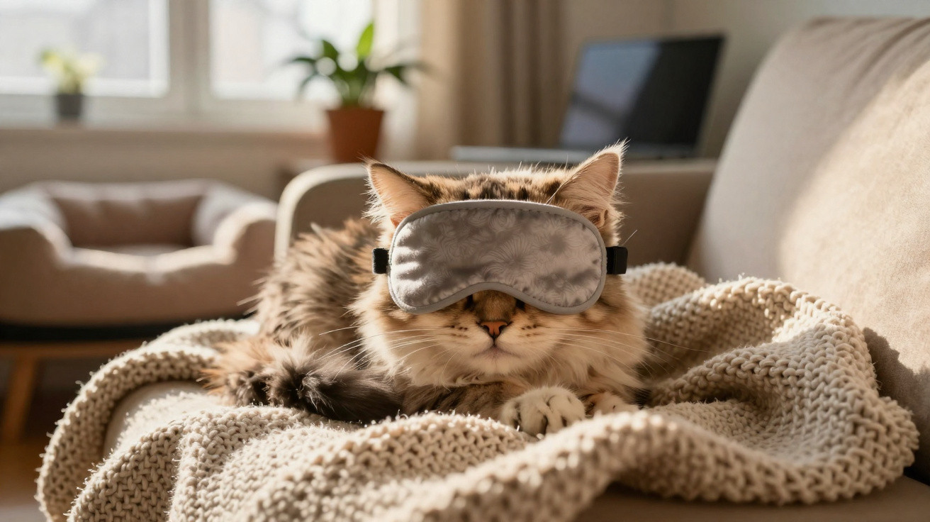 Gato deitado em sofá com máscara de dormir cinza, sobre um cobertor de tricô bege.