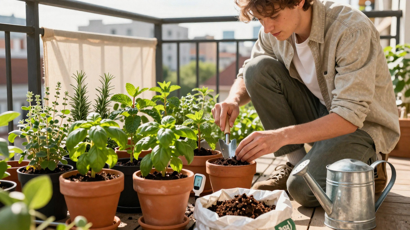 Jovem cuidando de plantas em vasos na varanda, preparando a terra para o plantio com regador ao lado.