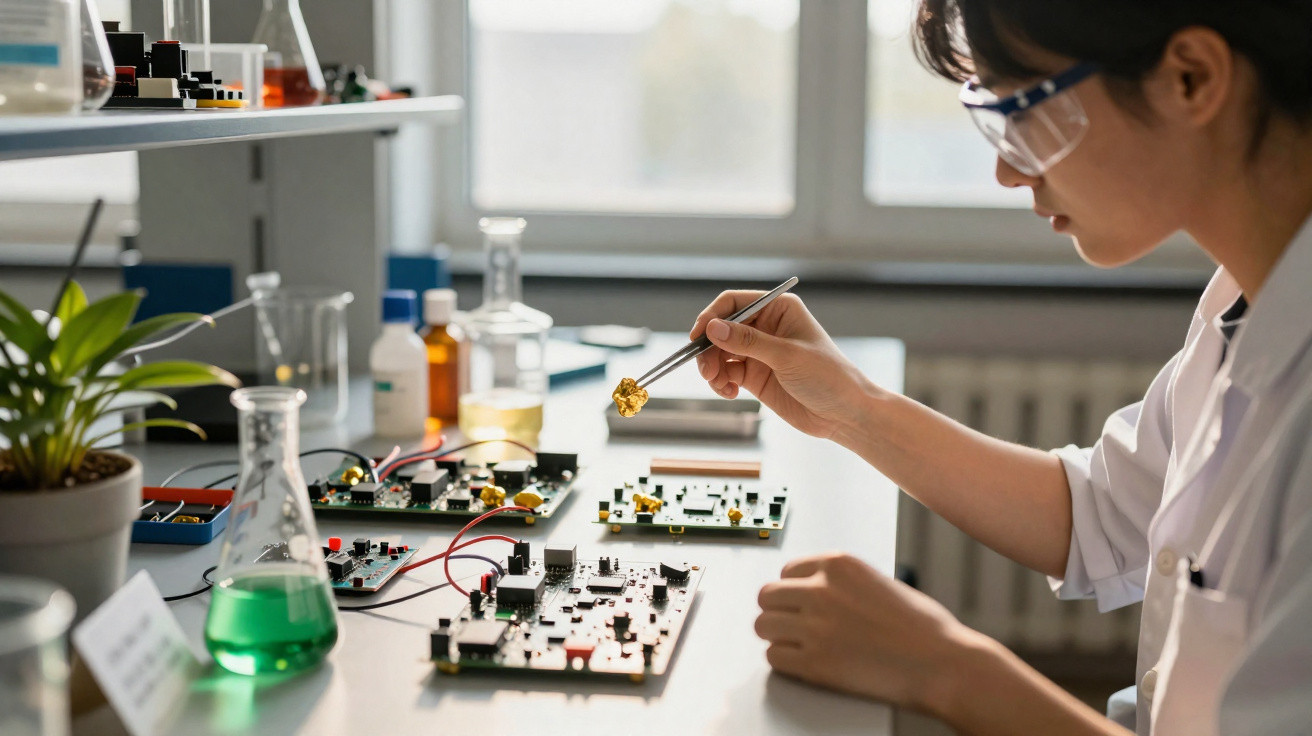 Mulher com óculos de proteção manuseia componente eletrônico em bancada de laboratório.
