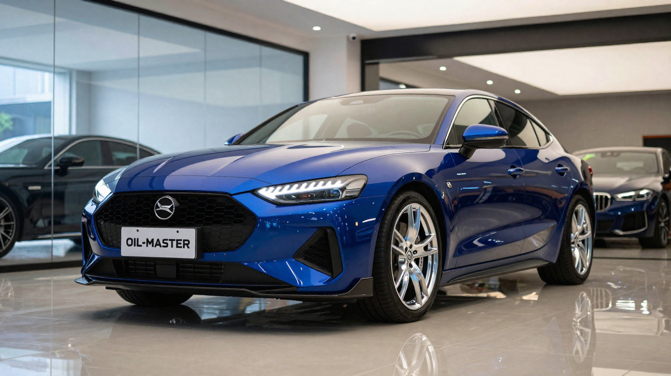 Carro esportivo azul com placa Oil-Master em exposição dentro de salão moderno e iluminado.