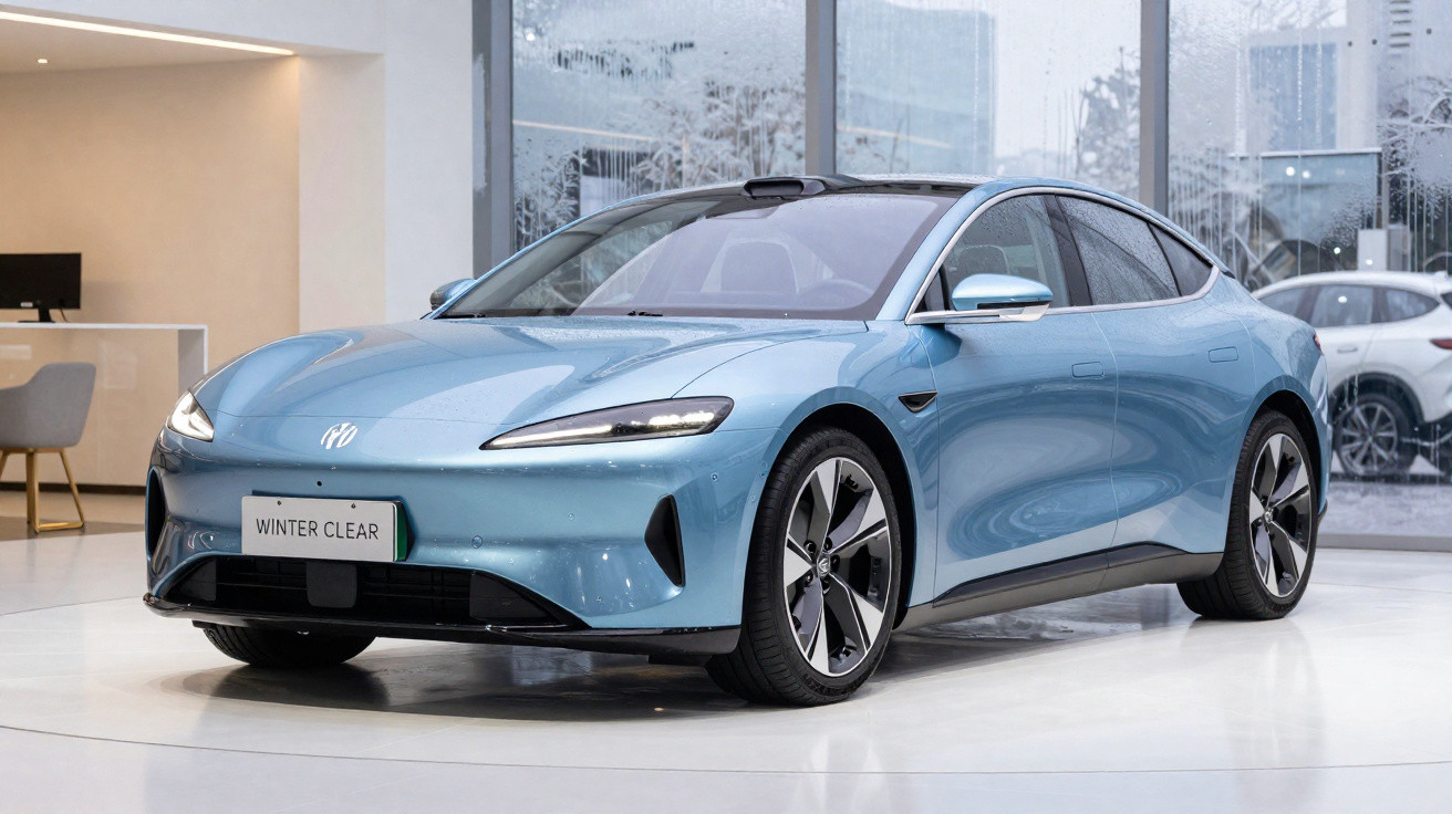 Carro elétrico azul claro estacionado em showroom moderno com janelas grandes ao fundo.