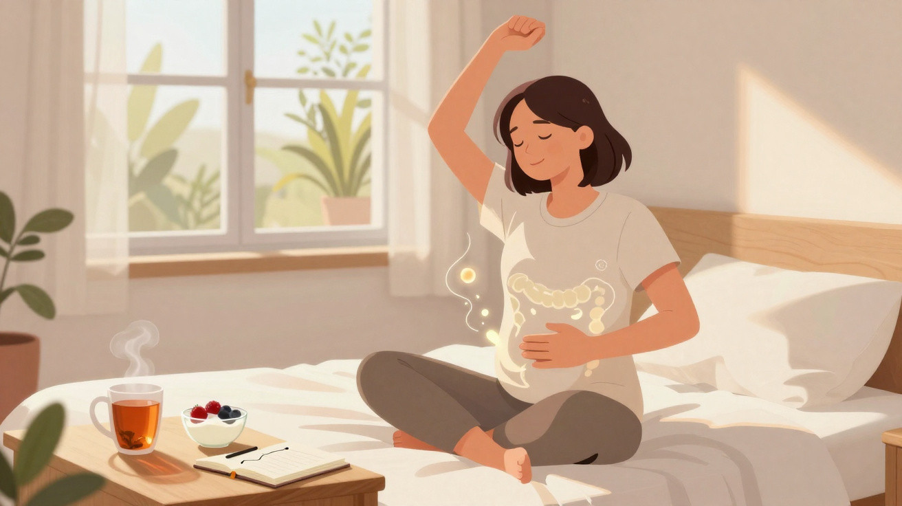 Mulher sentada na cama, mãos na barriga, em ambiente iluminado com chá, frutas e caderno na mesa.