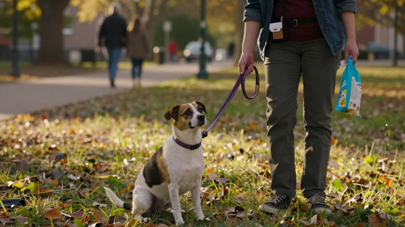 Pessoa segurando coleira de cachorro sentado em gramado com folhas secas em parque urbano.