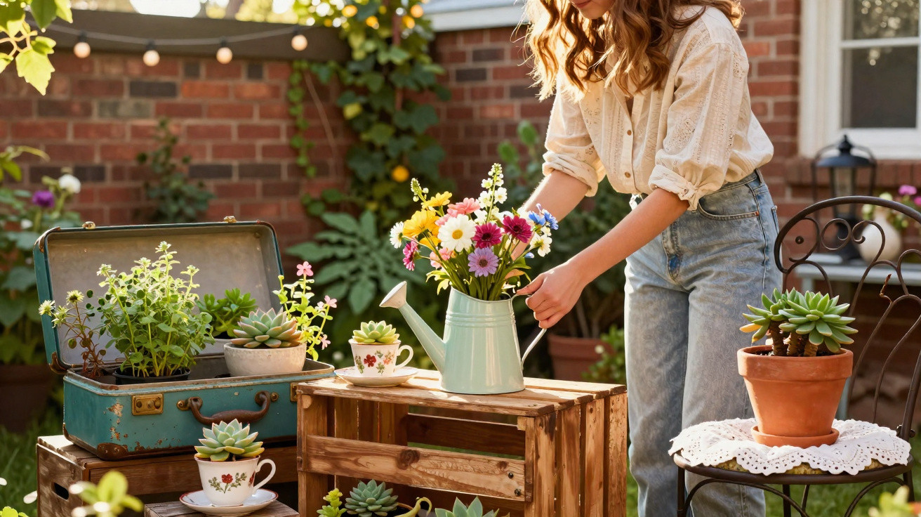 Mulher arrumando flores coloridas em regador no jardim com vasos e plantas suculentas ao redor.