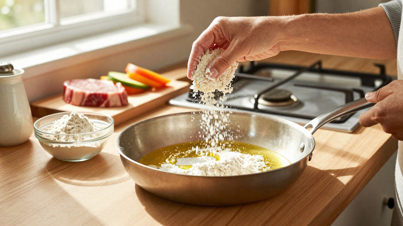 Mão adicionando farinha em frigideira com óleo, com carne e legumes ao fundo na bancada da cozinha.