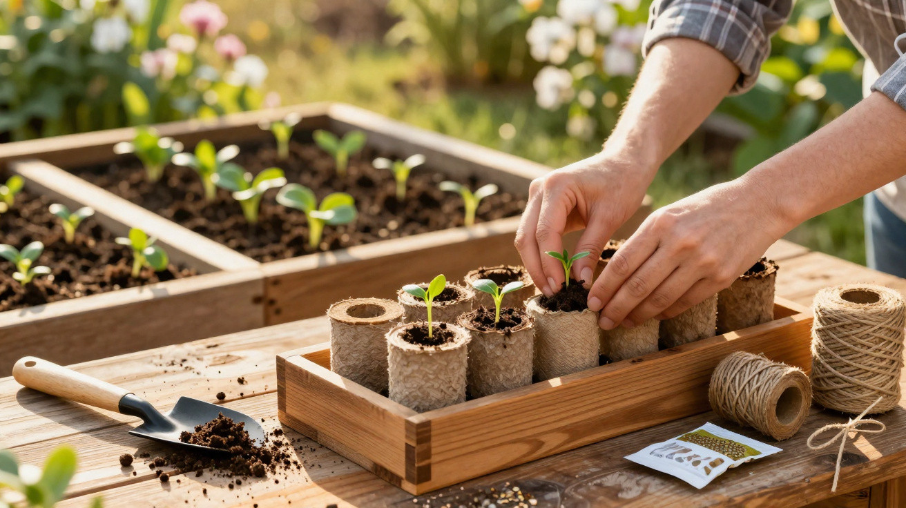 Mãos plantando mudas em pequenos vasos com terra em mesa de madeira ao ar livre, com enxada e sementes.