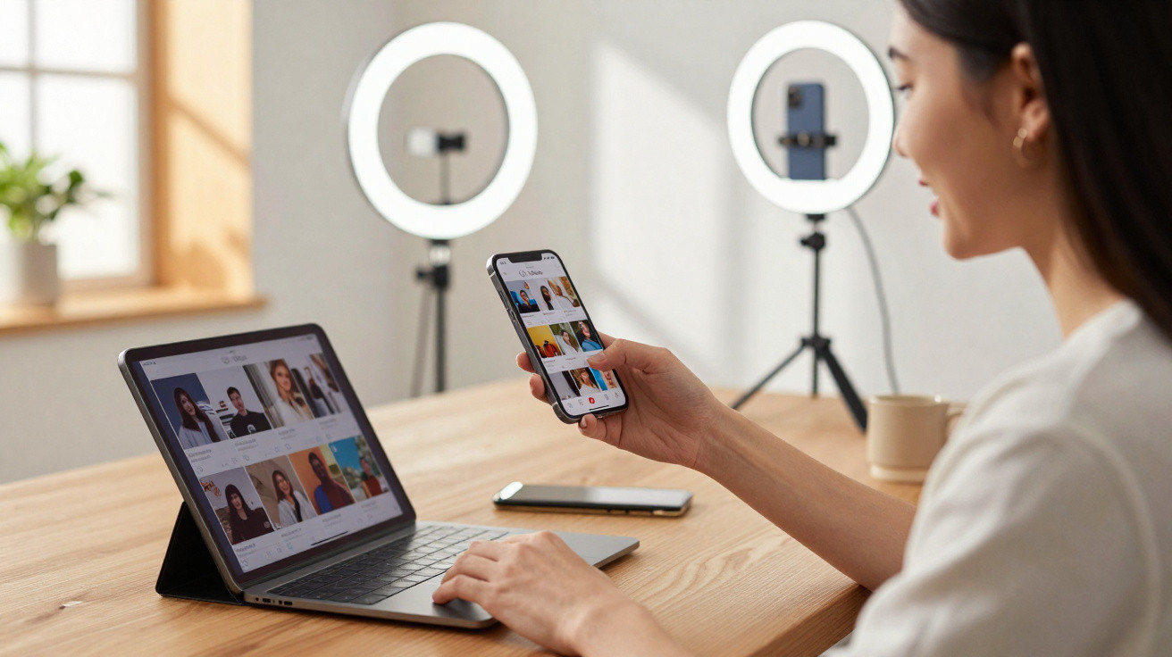 Mulher usando smartphone e tablet em mesa com ring lights em ambiente iluminado para gravação.