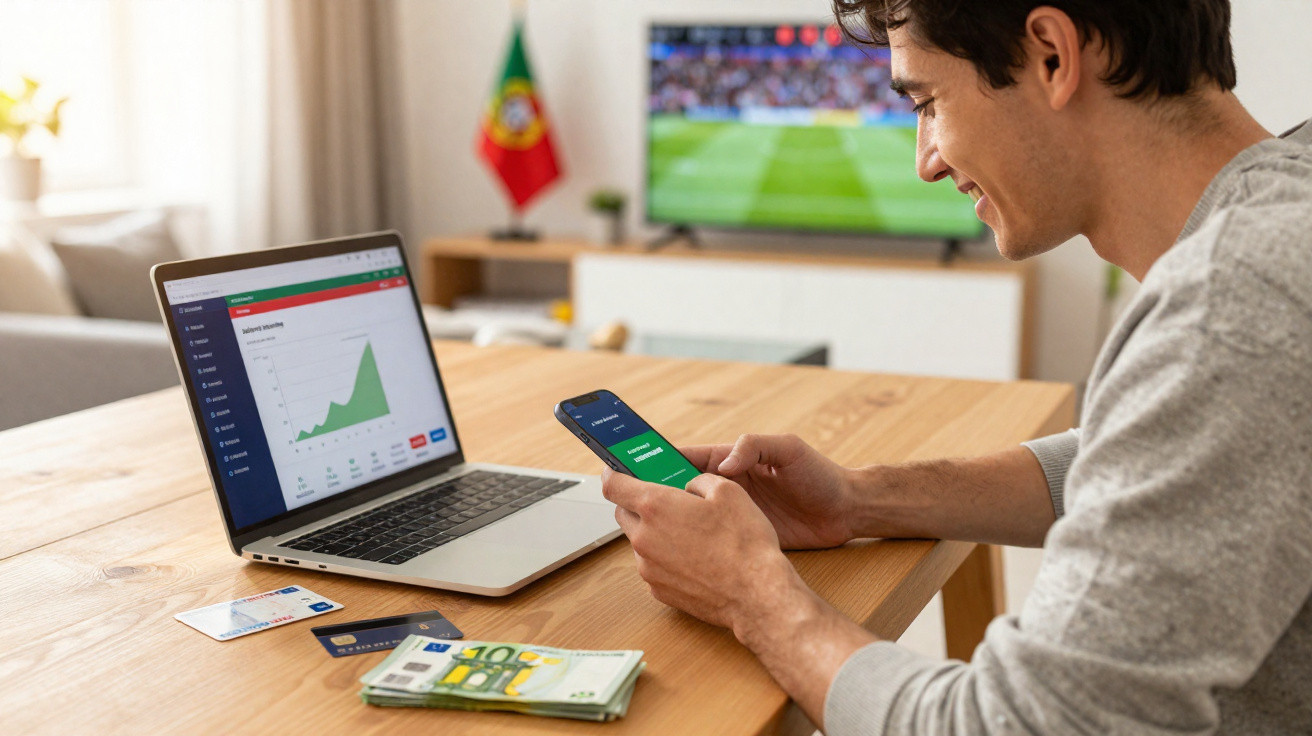 Homem sentado à mesa usando smartphone e notebook com gráfico financeiro, notas de euro e cartões bancários.