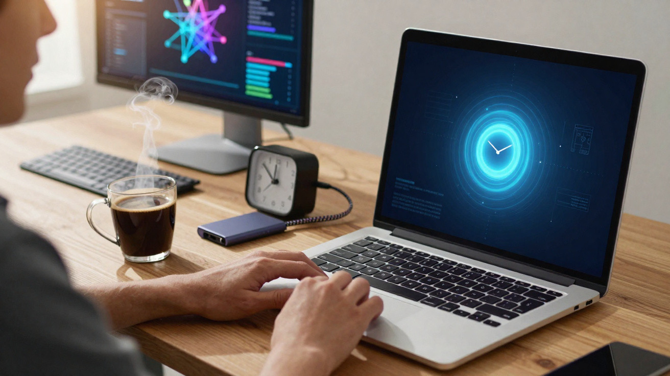 Pessoa usando laptop com relógio digital na tela, com café, relógio analógico e monitor na mesa de madeira.
