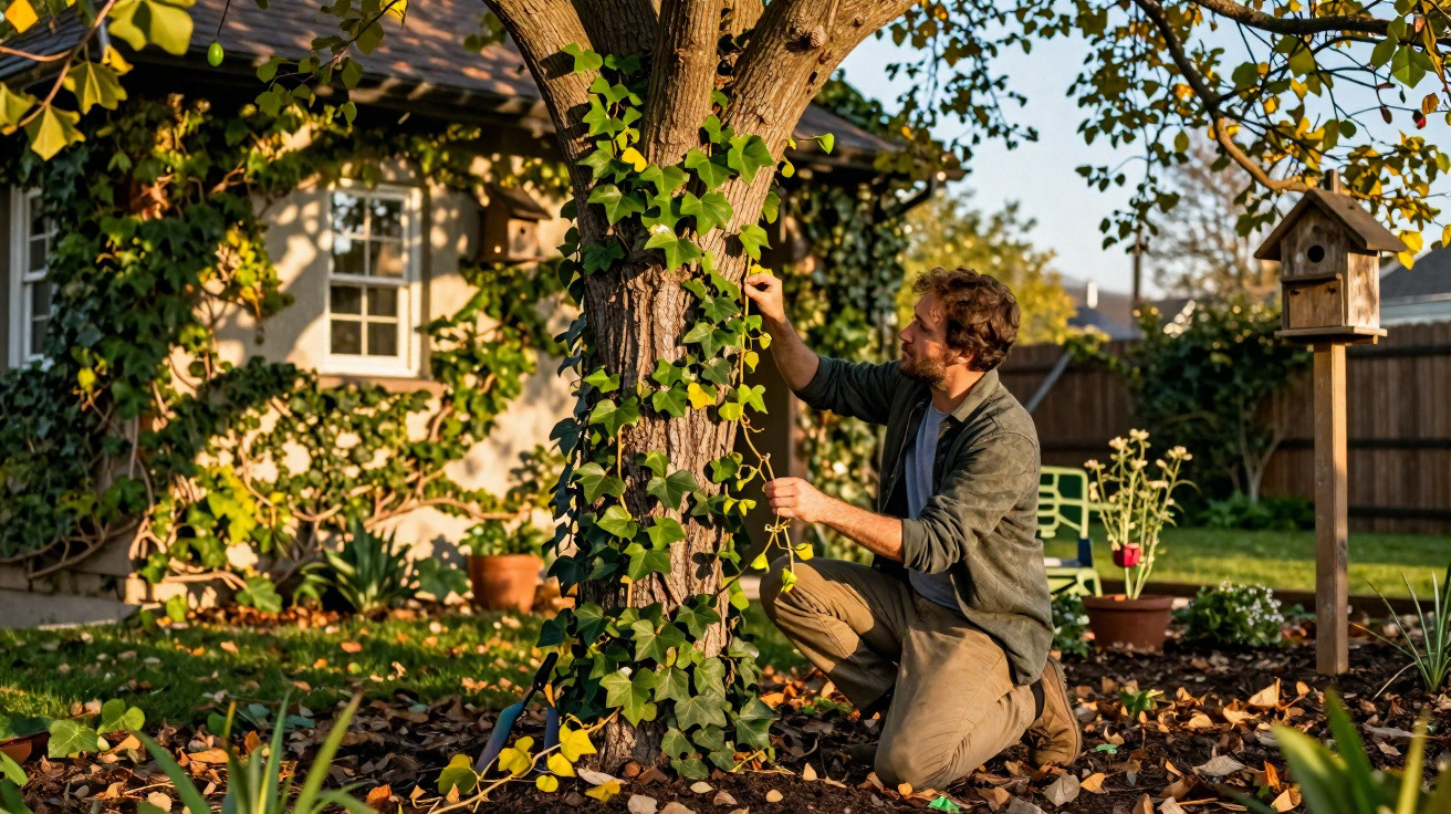 Homem cuidando de plantas trepadeiras em árvore no jardim de casa ao entardecer.